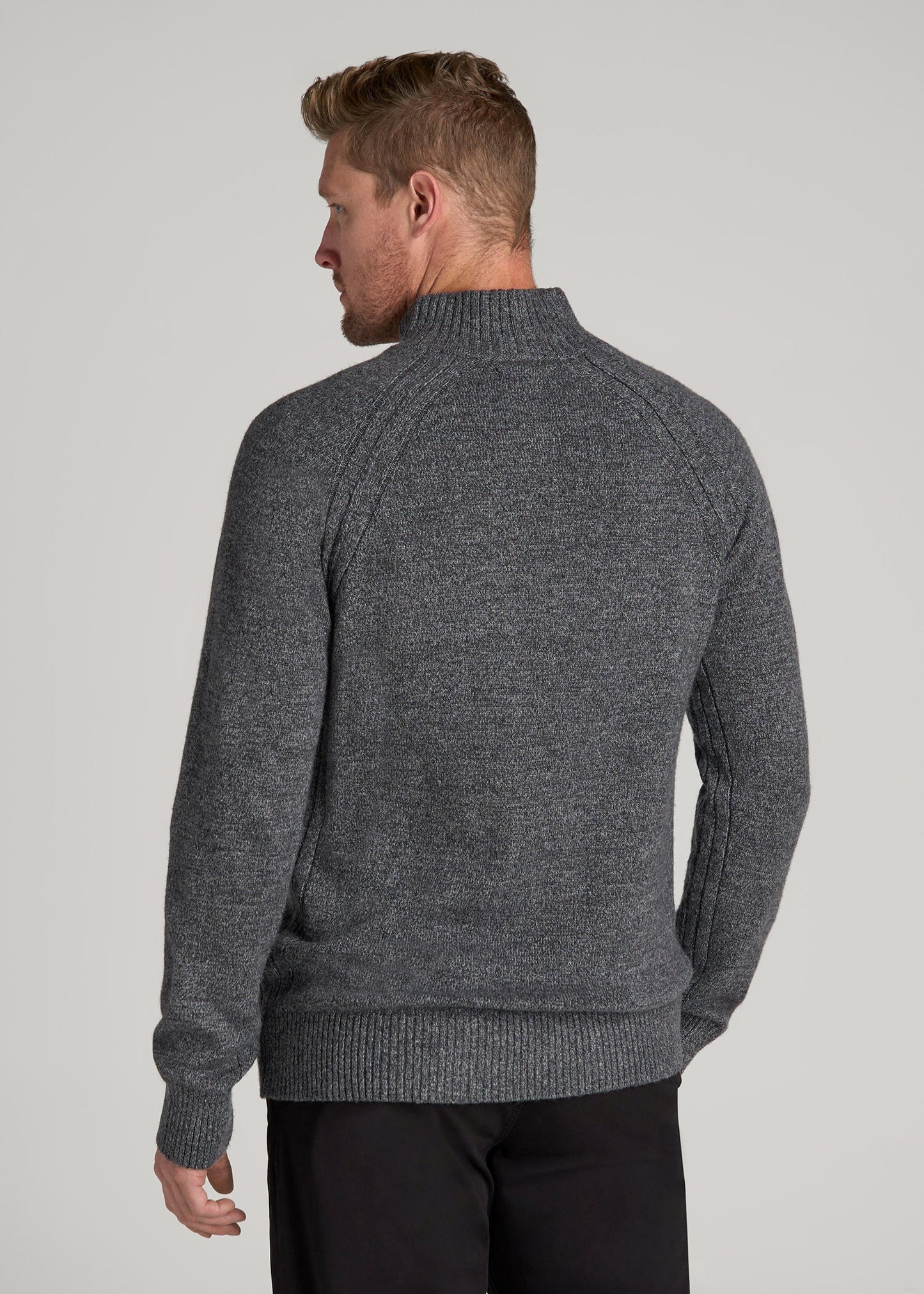American Tall Men Three-Button Mock Neck Sweater for Tall Men in Grey Marl