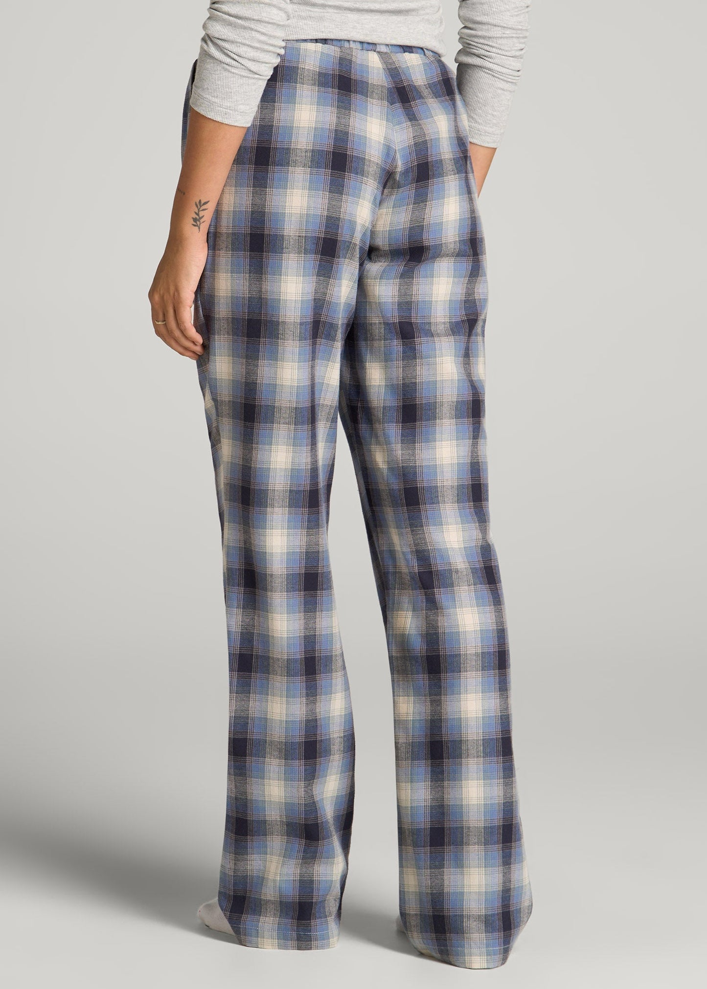 American Tall Men|Women Open-Bottom Flannel Pajama Pants for Tall Women in Blue and Grey Weave