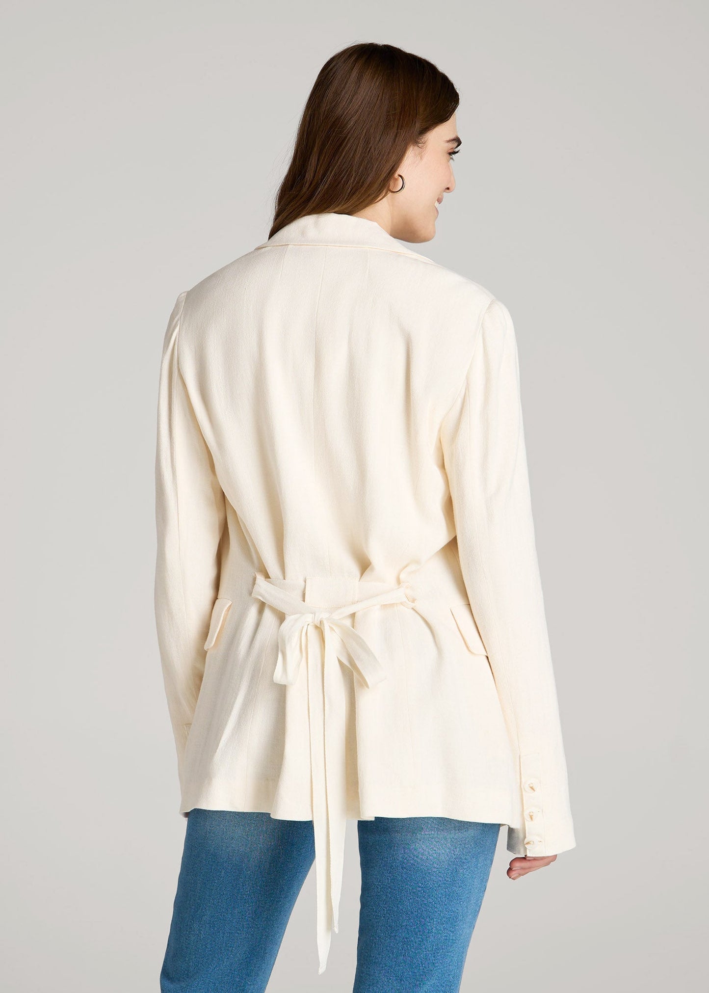 American Tall Women|Men Linen Blend Tie Back Blazer For Tall Women in White Alyssum