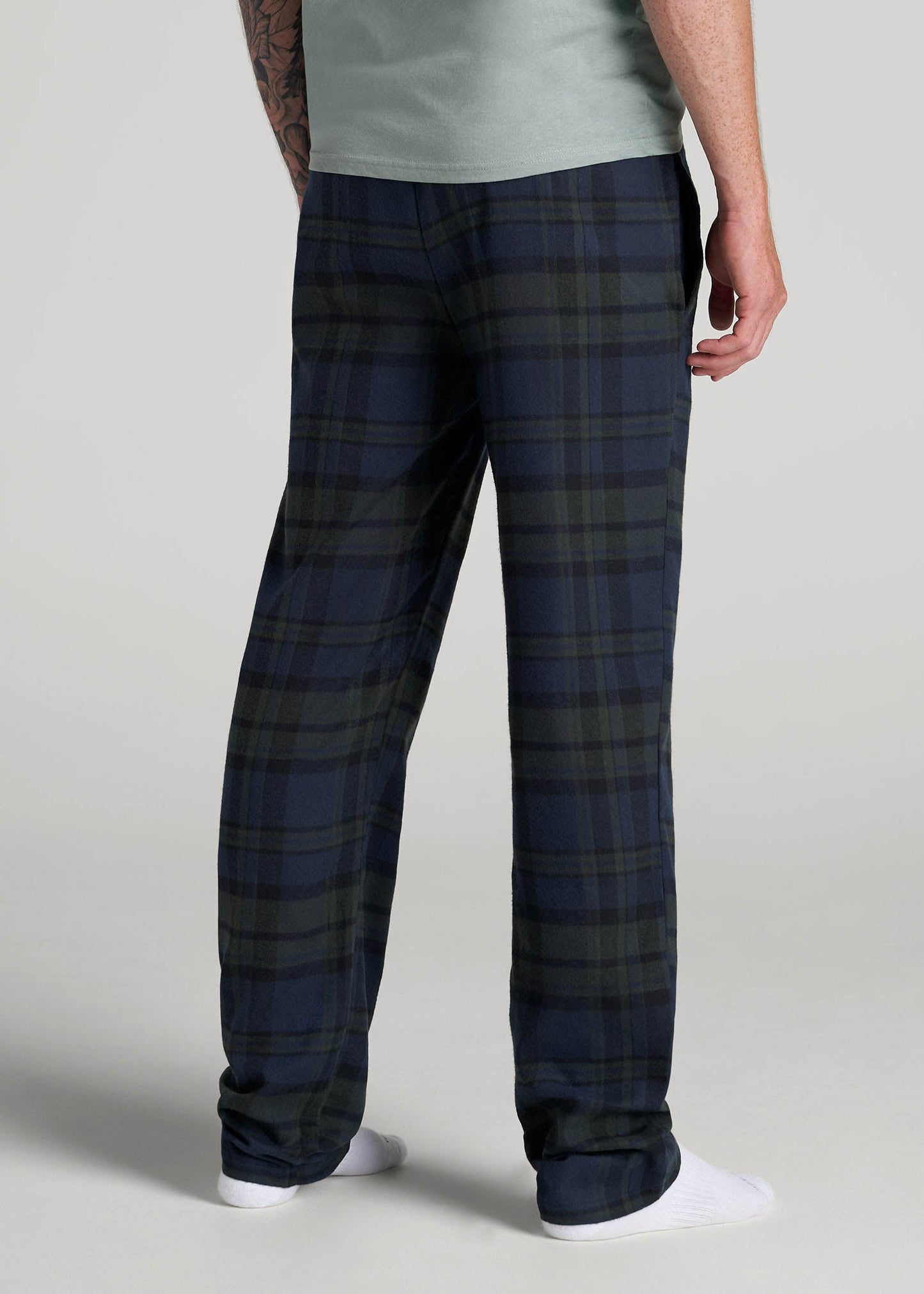 American Tall Men Plaid Pajama Pants for Tall Men in Olive & Dark Cobalt Plaid