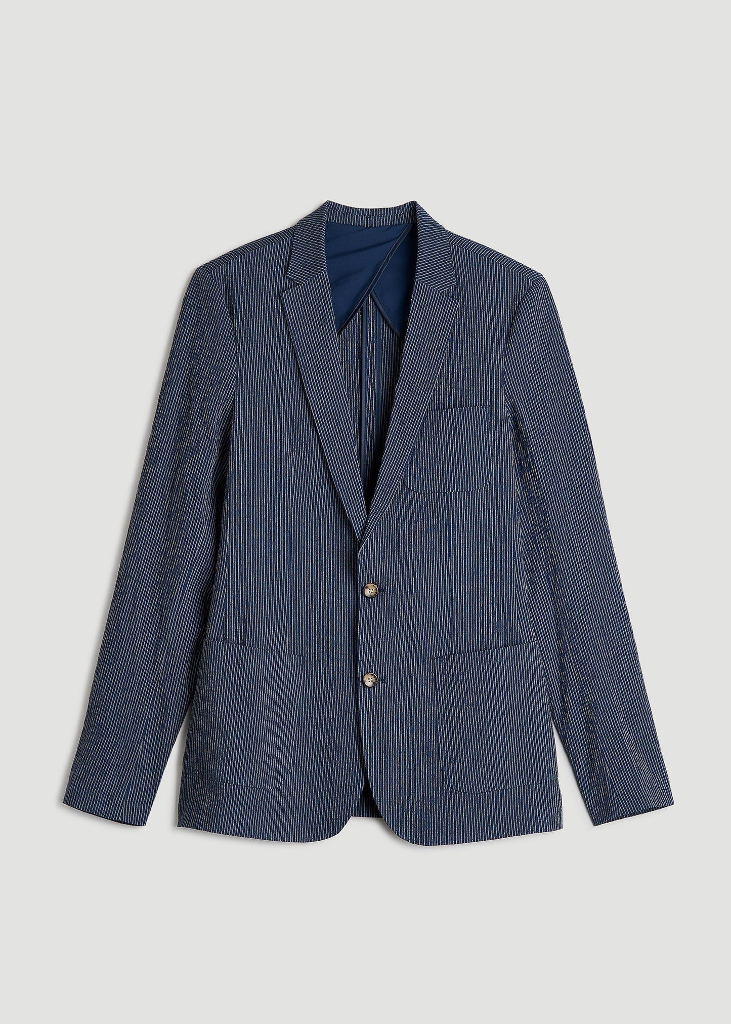 American Tall Men Stretch Seersucker Blazer for Tall Men in Navy and Off White Stripe