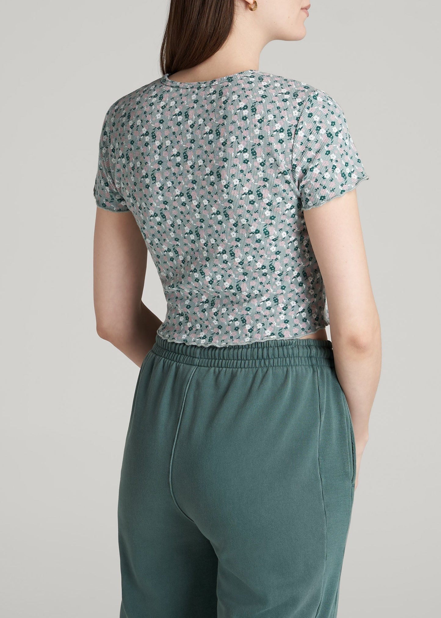 American Tall Women Cropped Waffle Tee for Tall Women in Seaglass Floral