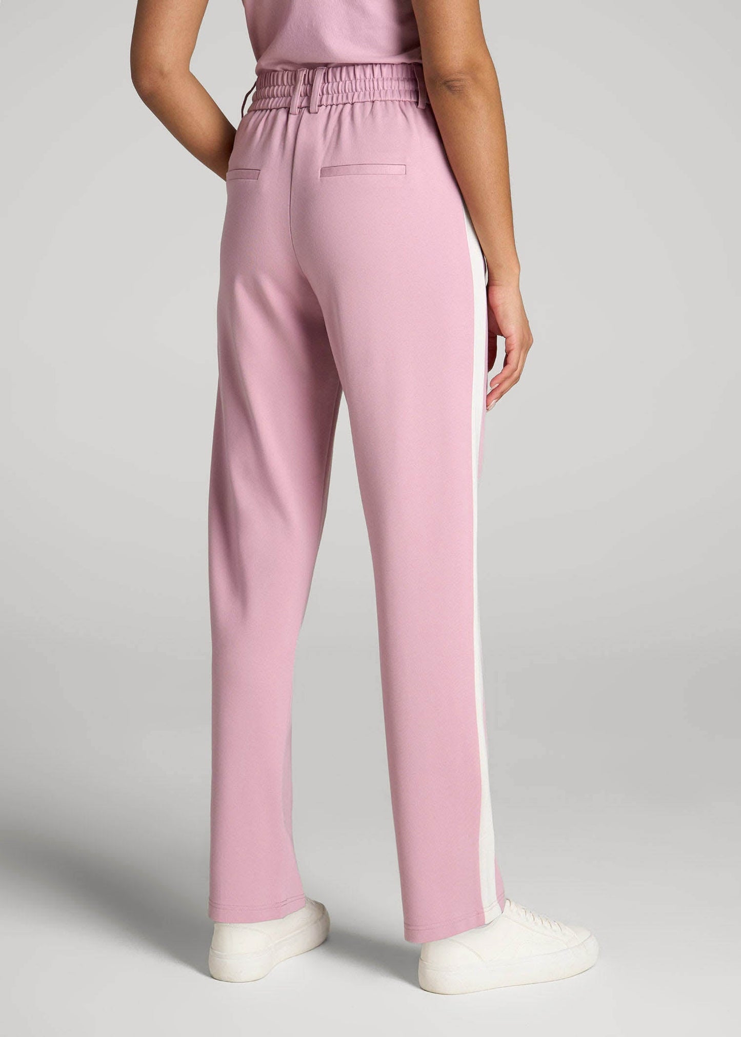 American Tall Women|Men Pull On Tuxedo Stripe Pants for Tall Women in Pink Peony and White Alyssum