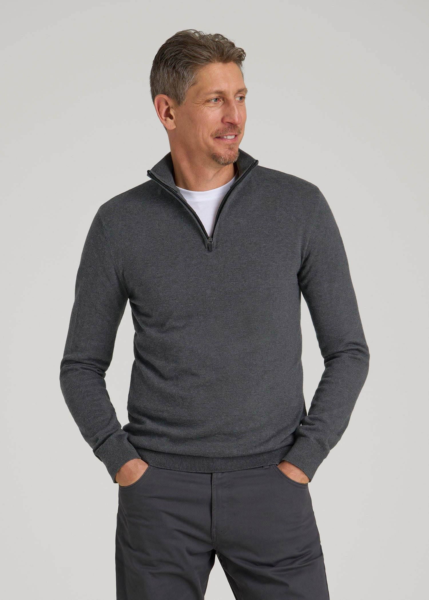 American Tall Men Everyday Quarter-Zip Sweater for Tall Men in Charcoal Mix