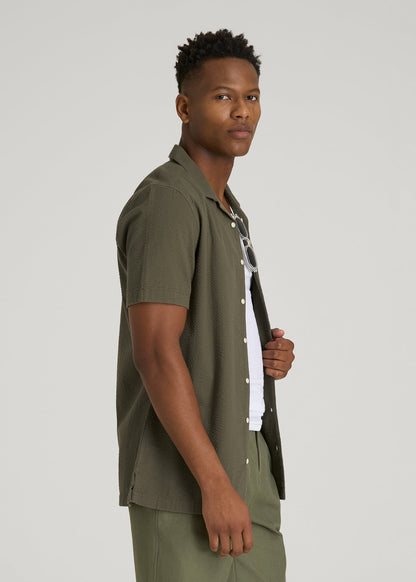 American Tall Men Seersucker Camp Collar Short Sleeve Shirt for Tall Men in Olive
