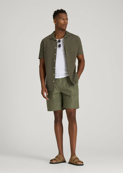 American Tall Men Seersucker Camp Collar Short Sleeve Shirt for Tall Men in Olive