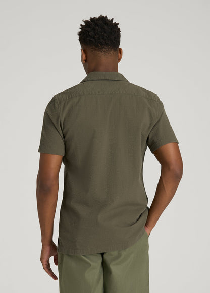 American Tall Men Seersucker Camp Collar Short Sleeve Shirt for Tall Men in Olive