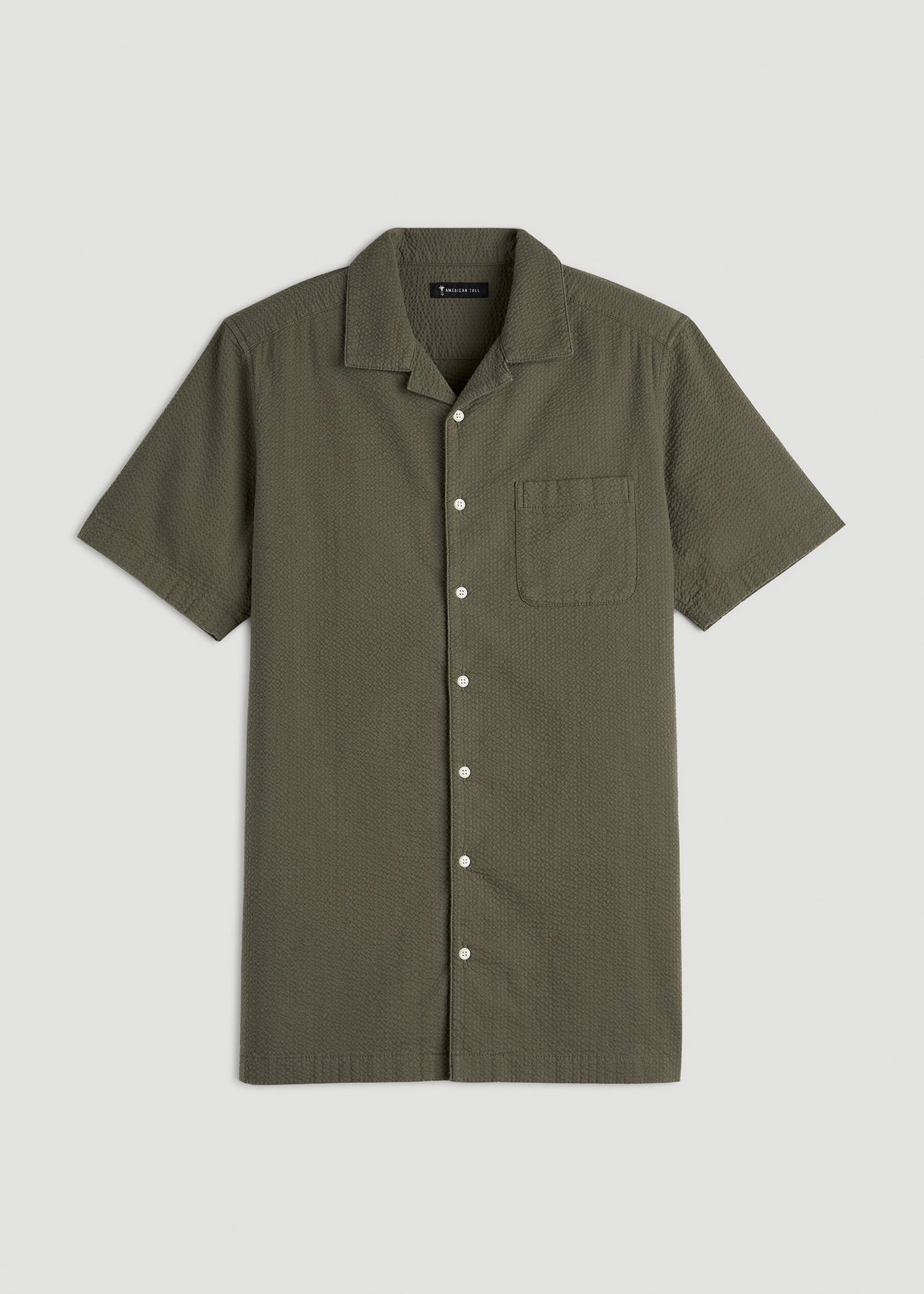 American Tall Men Seersucker Camp Collar Short Sleeve Shirt for Tall Men in Olive