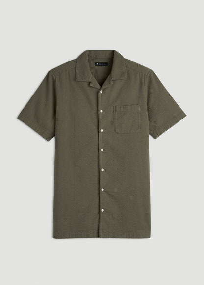 American Tall Men Seersucker Camp Collar Short Sleeve Shirt for Tall Men in Olive