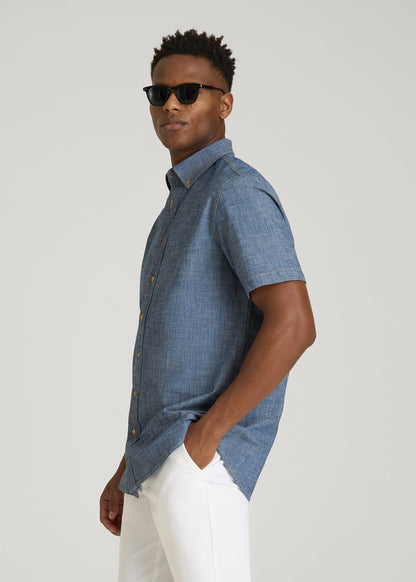 American Tall Men Short Sleeve Chambray Shirt for Tall Men in Mid Blue Chambray