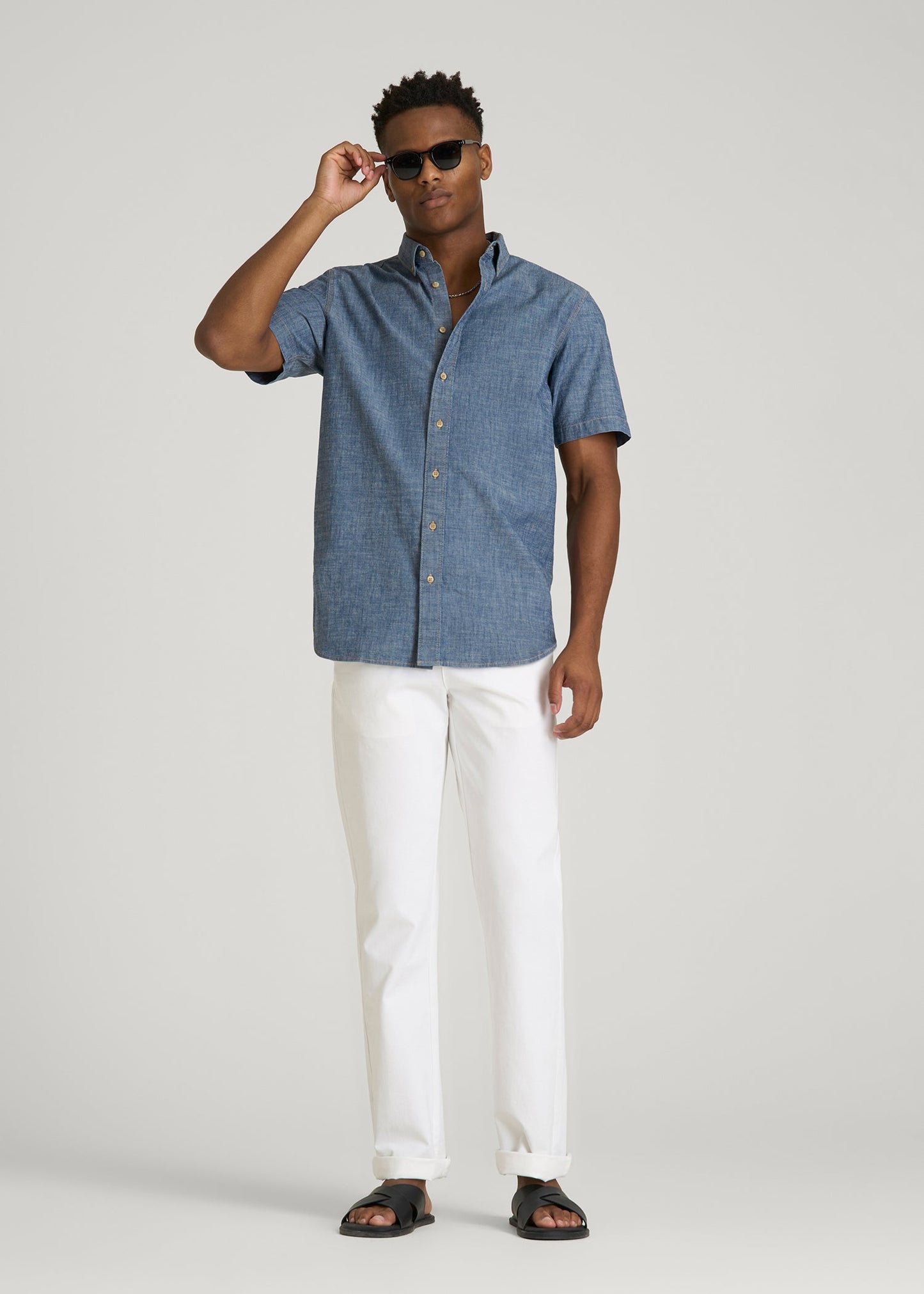 American Tall Men Short Sleeve Chambray Shirt for Tall Men in Mid Blue Chambray