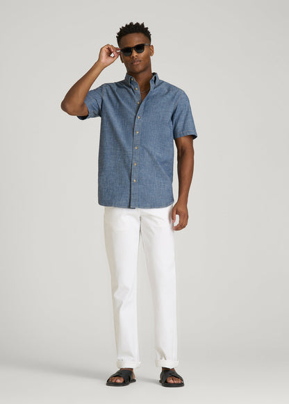 American Tall Men Short Sleeve Chambray Shirt for Tall Men in Mid Blue Chambray