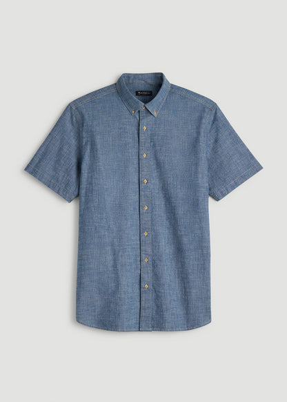 American Tall Men Short Sleeve Chambray Shirt for Tall Men in Mid Blue Chambray