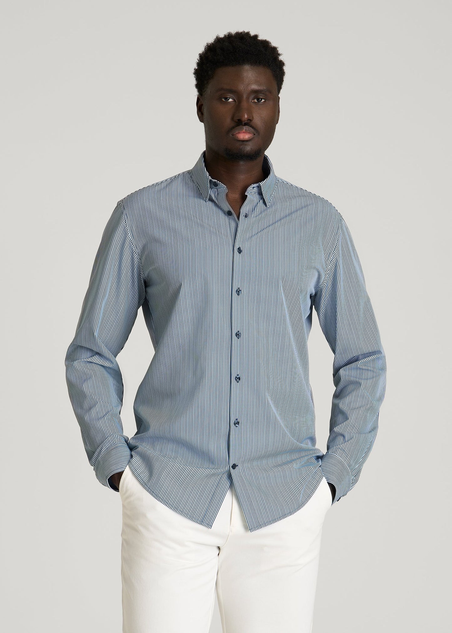 American Tall Men Traveler Stretch Dress Shirt for Tall Men in Royal Navy Stripe