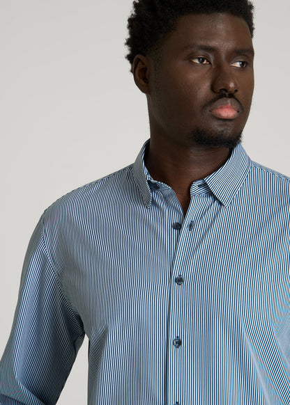 American Tall Men Traveler Stretch Dress Shirt for Tall Men in Royal Navy Stripe