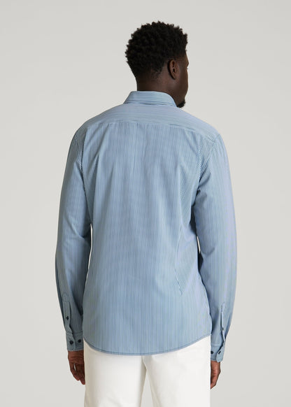 American Tall Men Traveler Stretch Dress Shirt for Tall Men in Royal Navy Stripe
