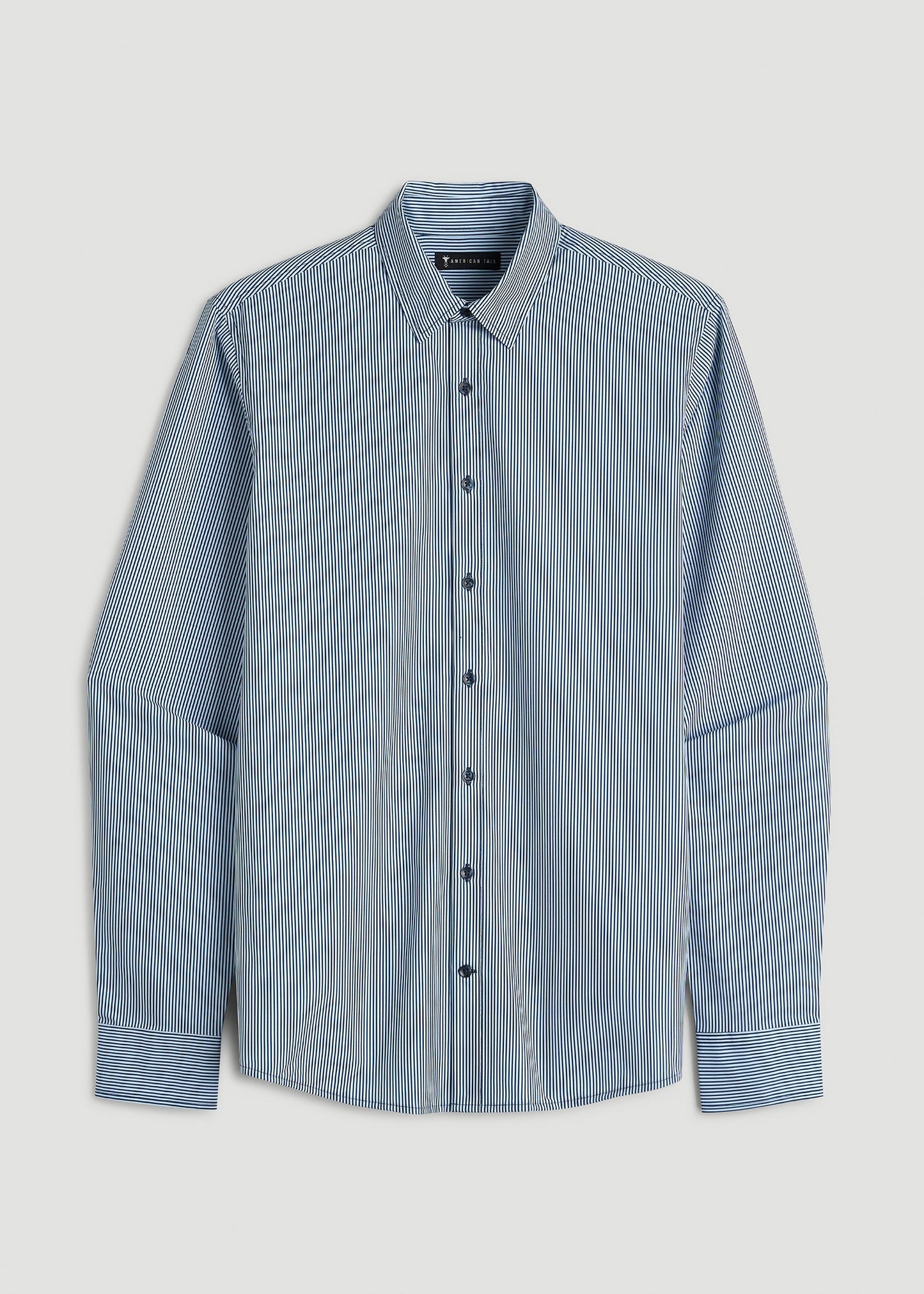 American Tall Men Traveler Stretch Dress Shirt for Tall Men in Royal Navy Stripe