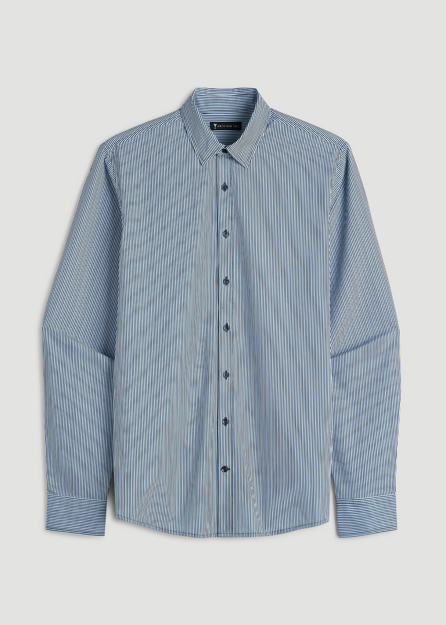 American Tall Men Traveler Stretch Dress Shirt for Tall Men in Royal Navy Stripe