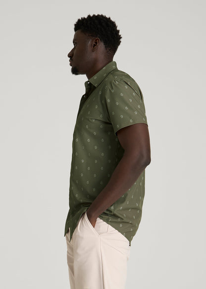 American Tall Men Short Sleeve Traveler Stretch Button Shirt for Tall Men in Olive Mini Paisley
