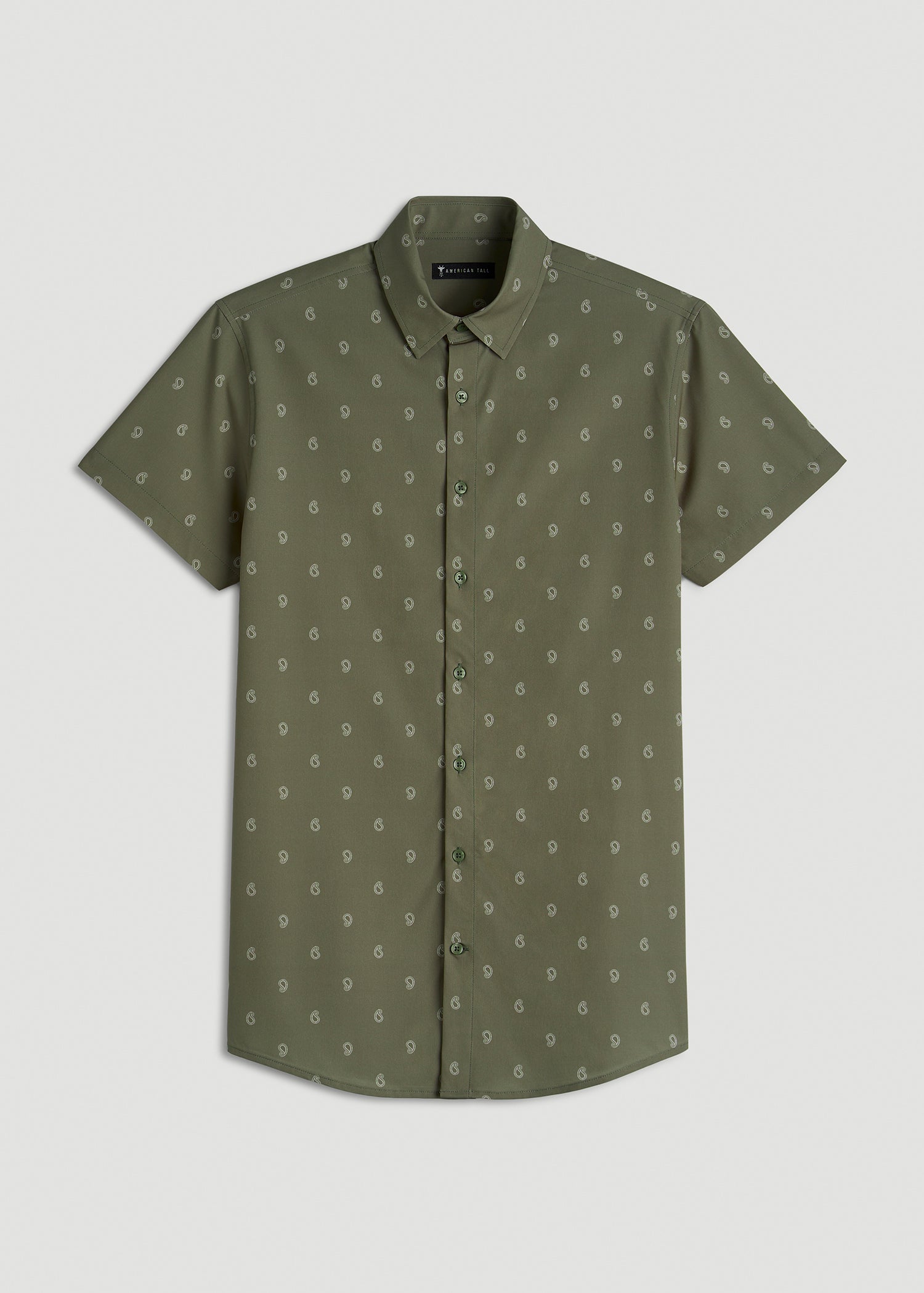 American Tall Men Short Sleeve Traveler Stretch Button Shirt for Tall Men in Olive Mini Paisley