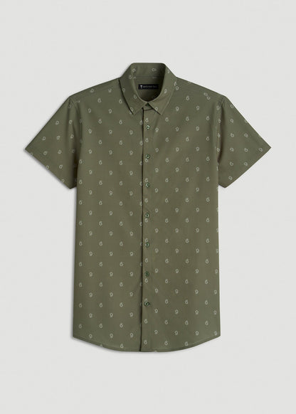 American Tall Men Short Sleeve Traveler Stretch Button Shirt for Tall Men in Olive Mini Paisley
