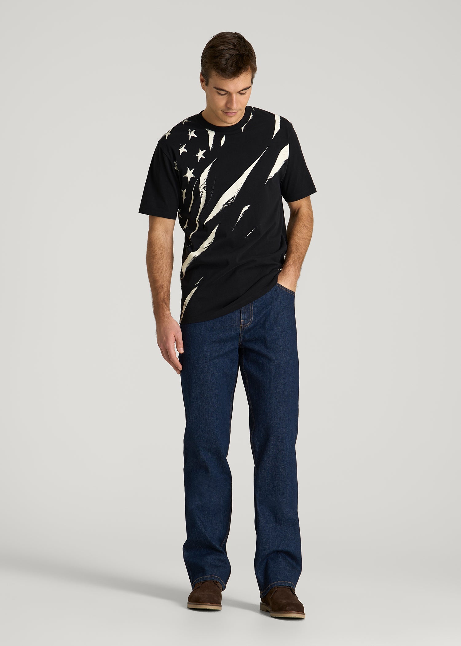 American Tall Men Monochrome Flag Graphic Tee for Tall Men in Black