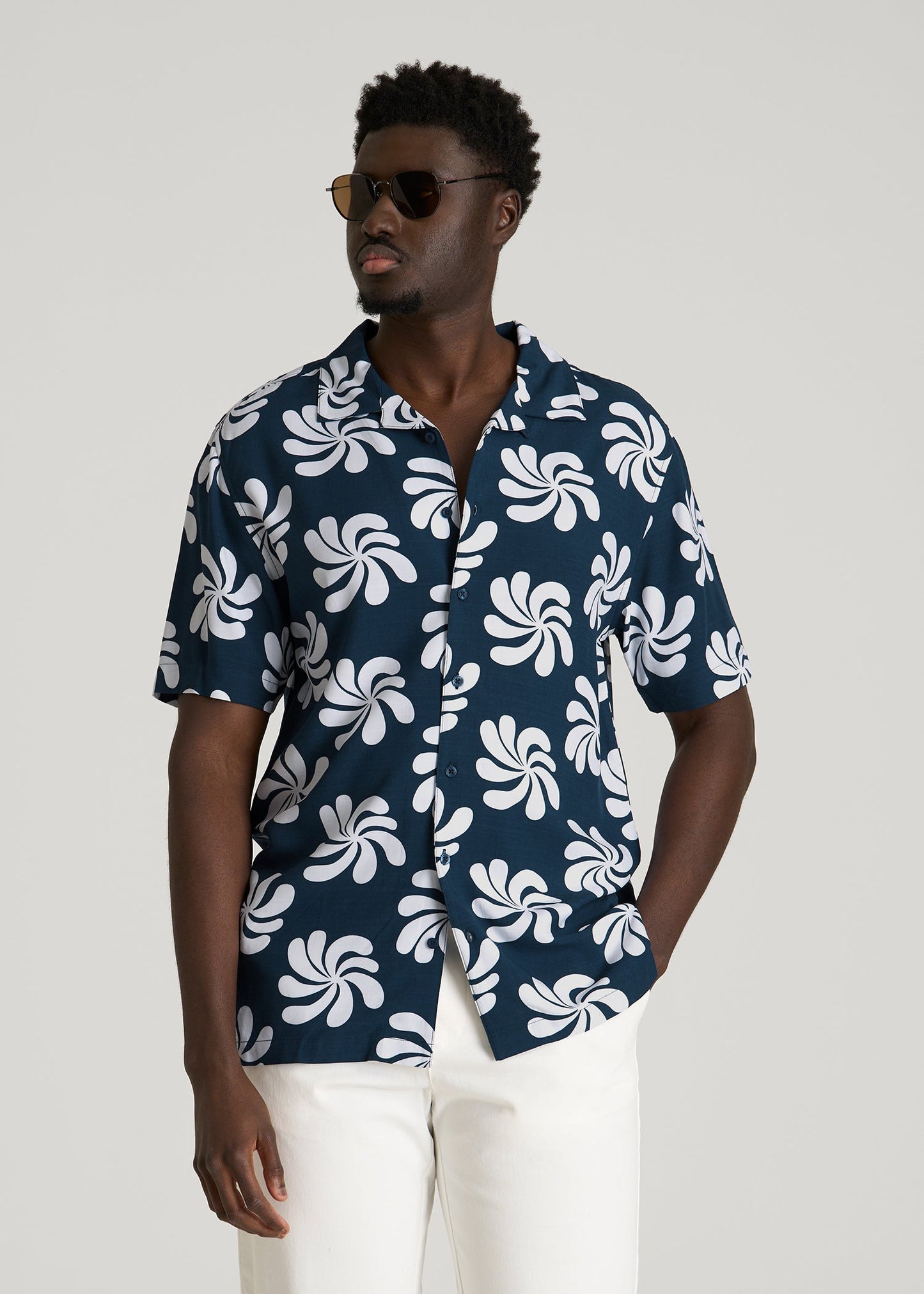 American Tall Men Short Sleeve Resort Shirt for Tall Men in Navy Fantasy Floral