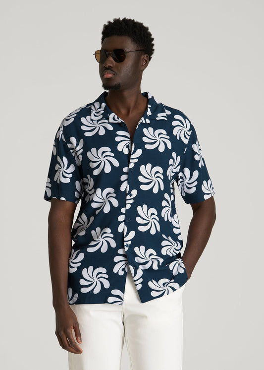 American Tall Men Short Sleeve Resort Shirt for Tall Men in Navy Fantasy Floral