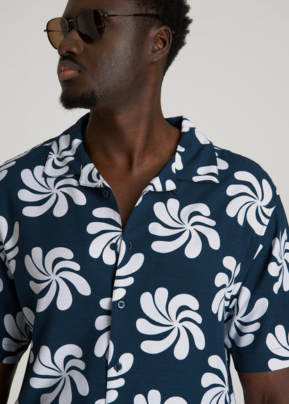 American Tall Men Short Sleeve Resort Shirt for Tall Men in Navy Fantasy Floral