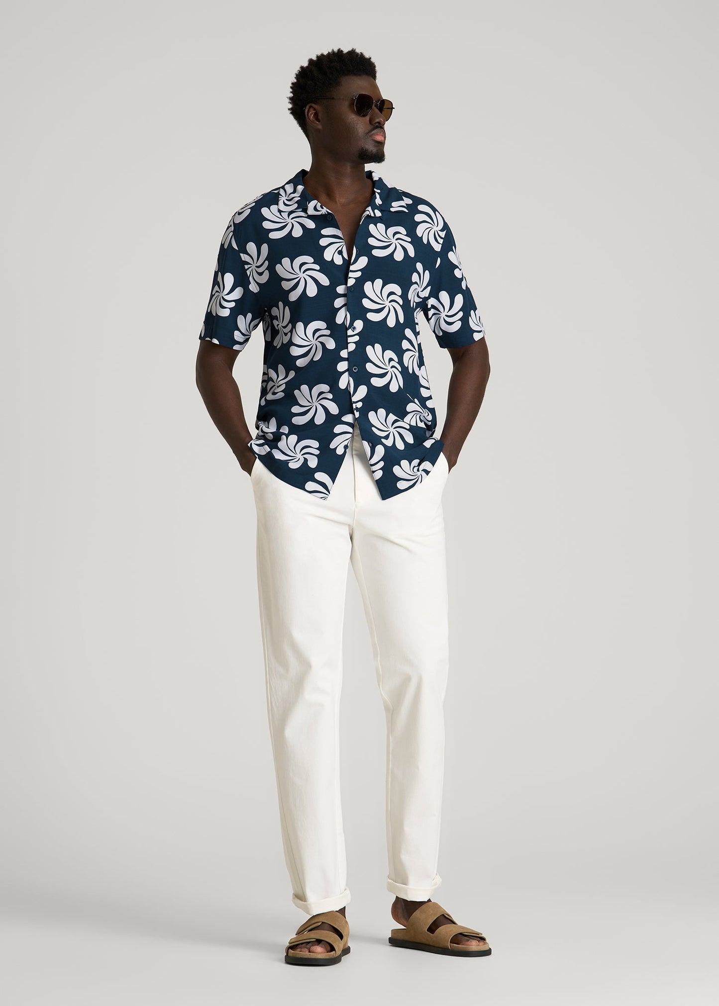 American Tall Men Short Sleeve Resort Shirt for Tall Men in Navy Fantasy Floral