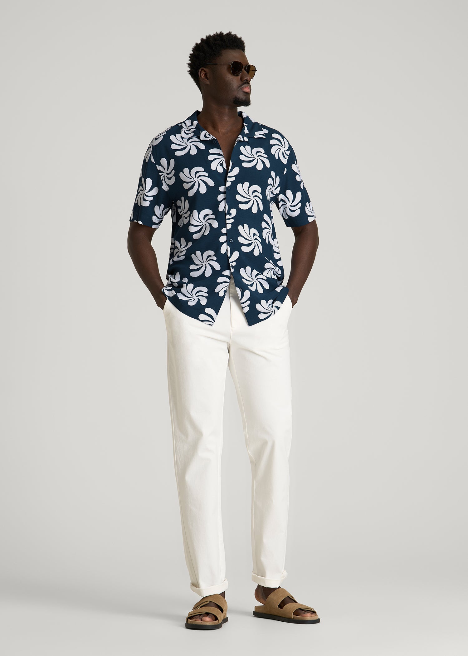 American Tall Men Short Sleeve Resort Shirt for Tall Men in Navy Fantasy Floral