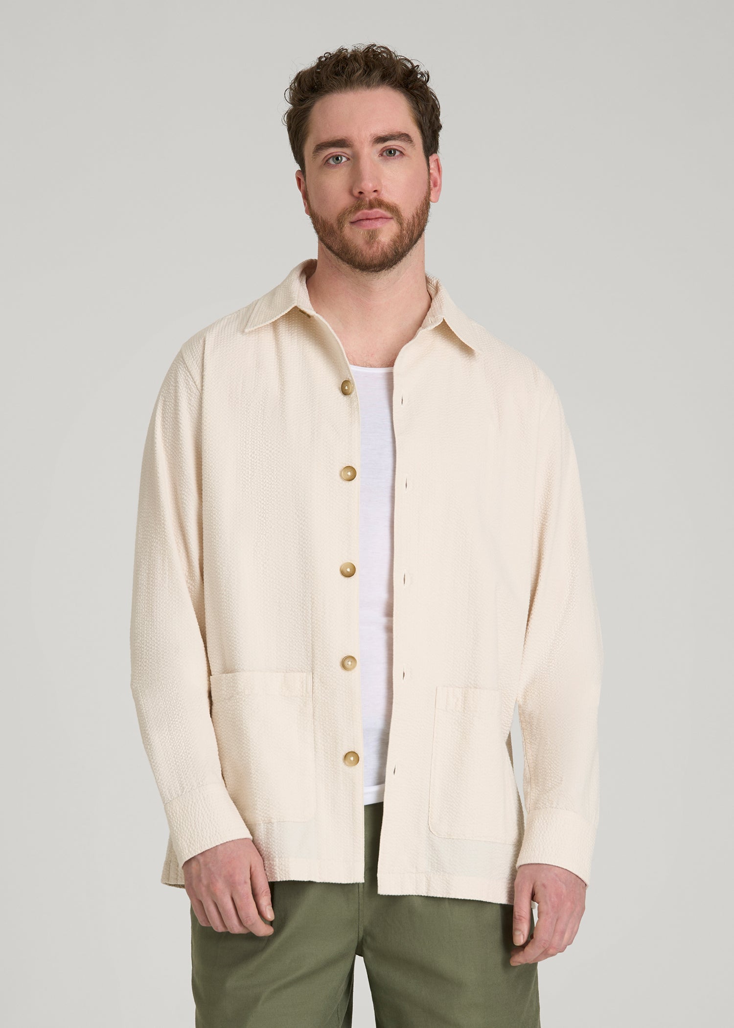 American Tall Men Seersucker Overshirt for Tall Men in White Sand