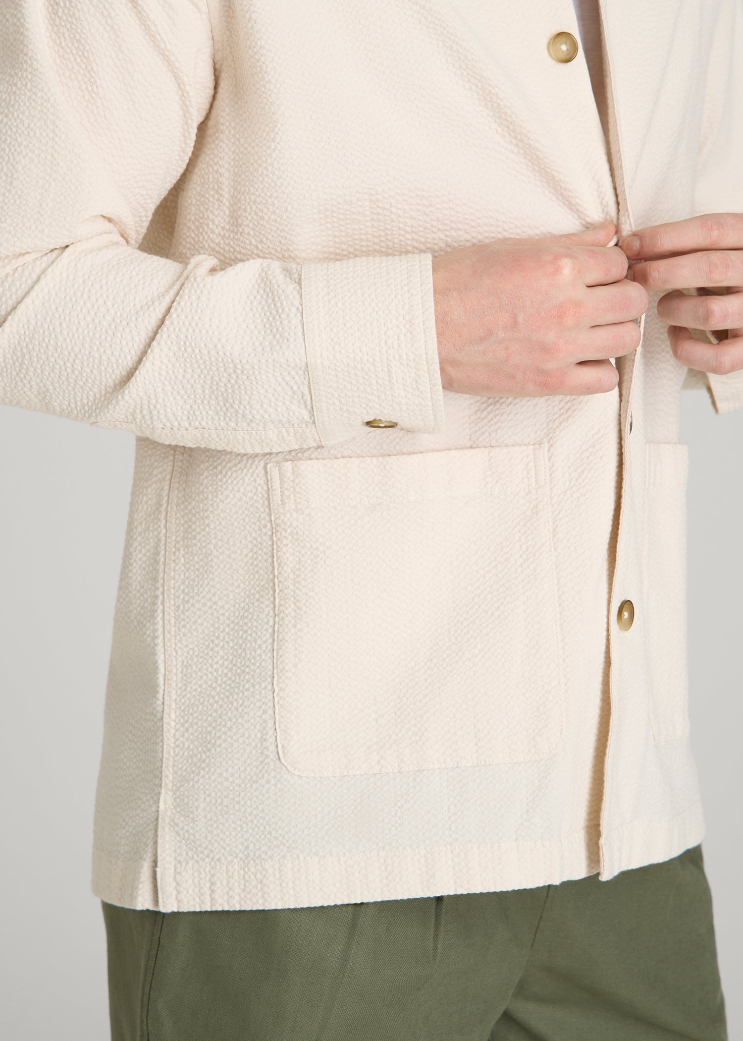 American Tall Men Seersucker Overshirt for Tall Men in White Sand