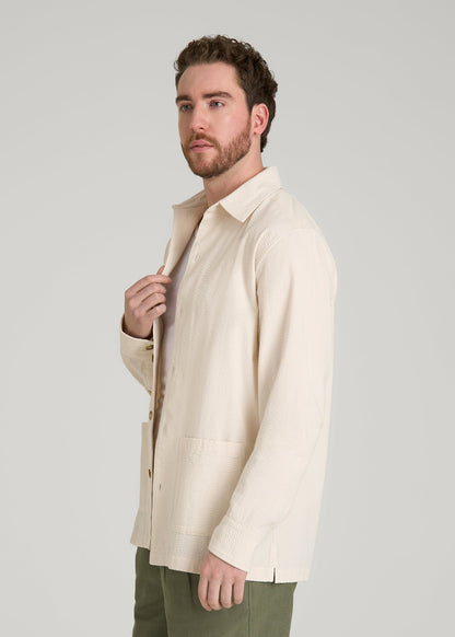 American Tall Men Seersucker Overshirt for Tall Men in White Sand