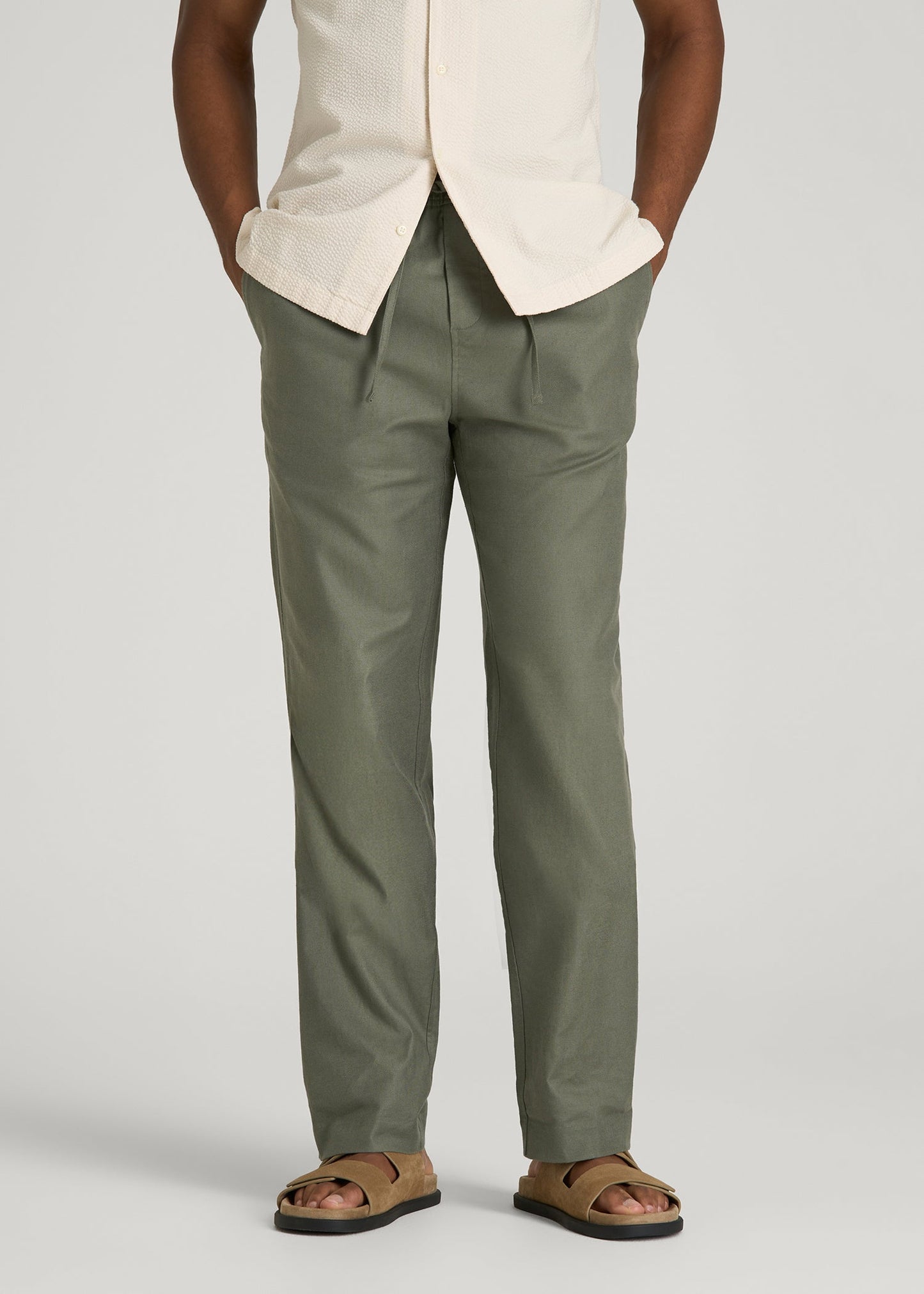 American Tall Men Stretch Cotton Linen Blend Pull-On Pants for Tall Men in Olive