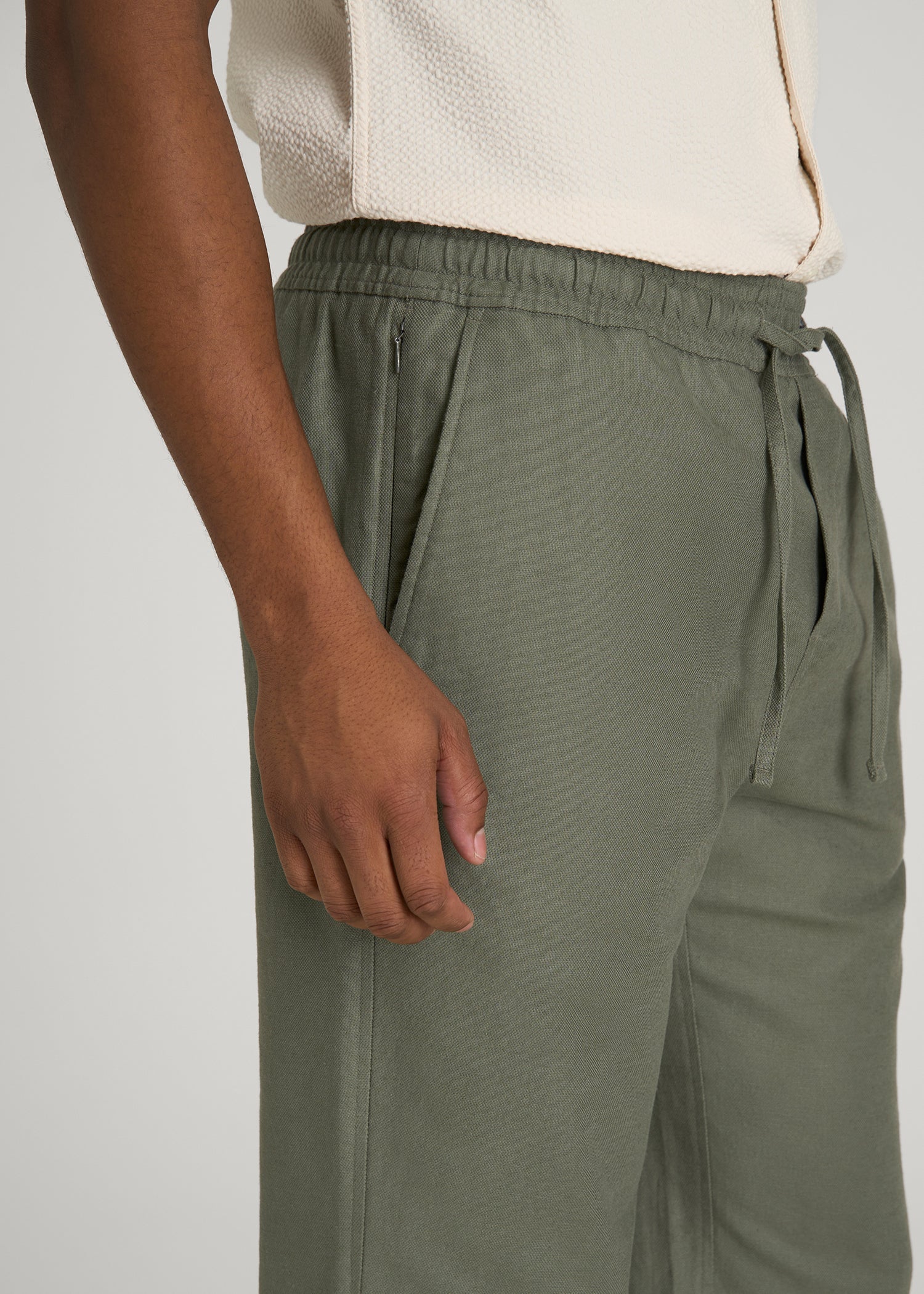 American Tall Men Stretch Cotton Linen Blend Pull-On Pants for Tall Men in Olive