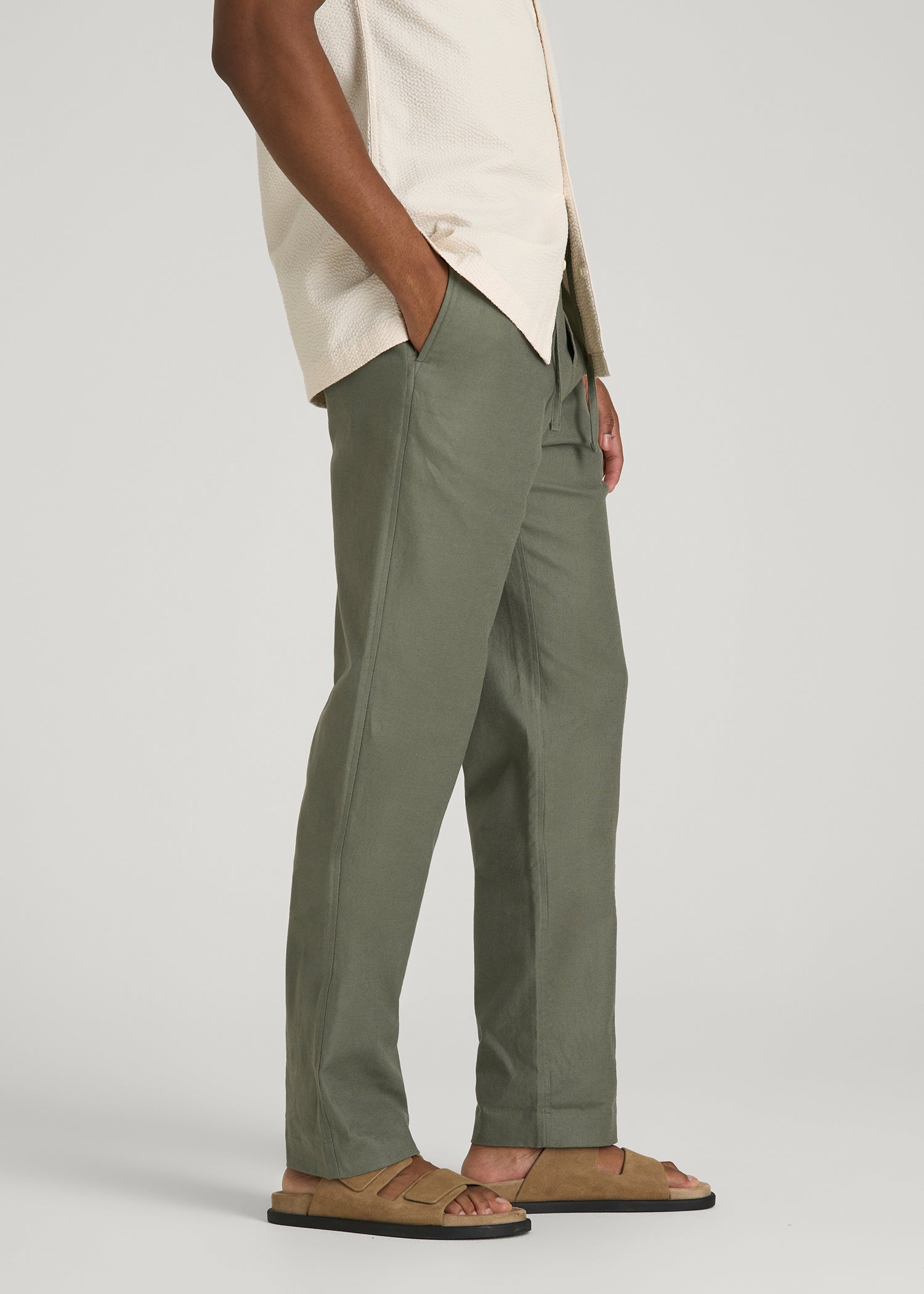 American Tall Men Stretch Cotton Linen Blend Pull-On Pants for Tall Men in Olive