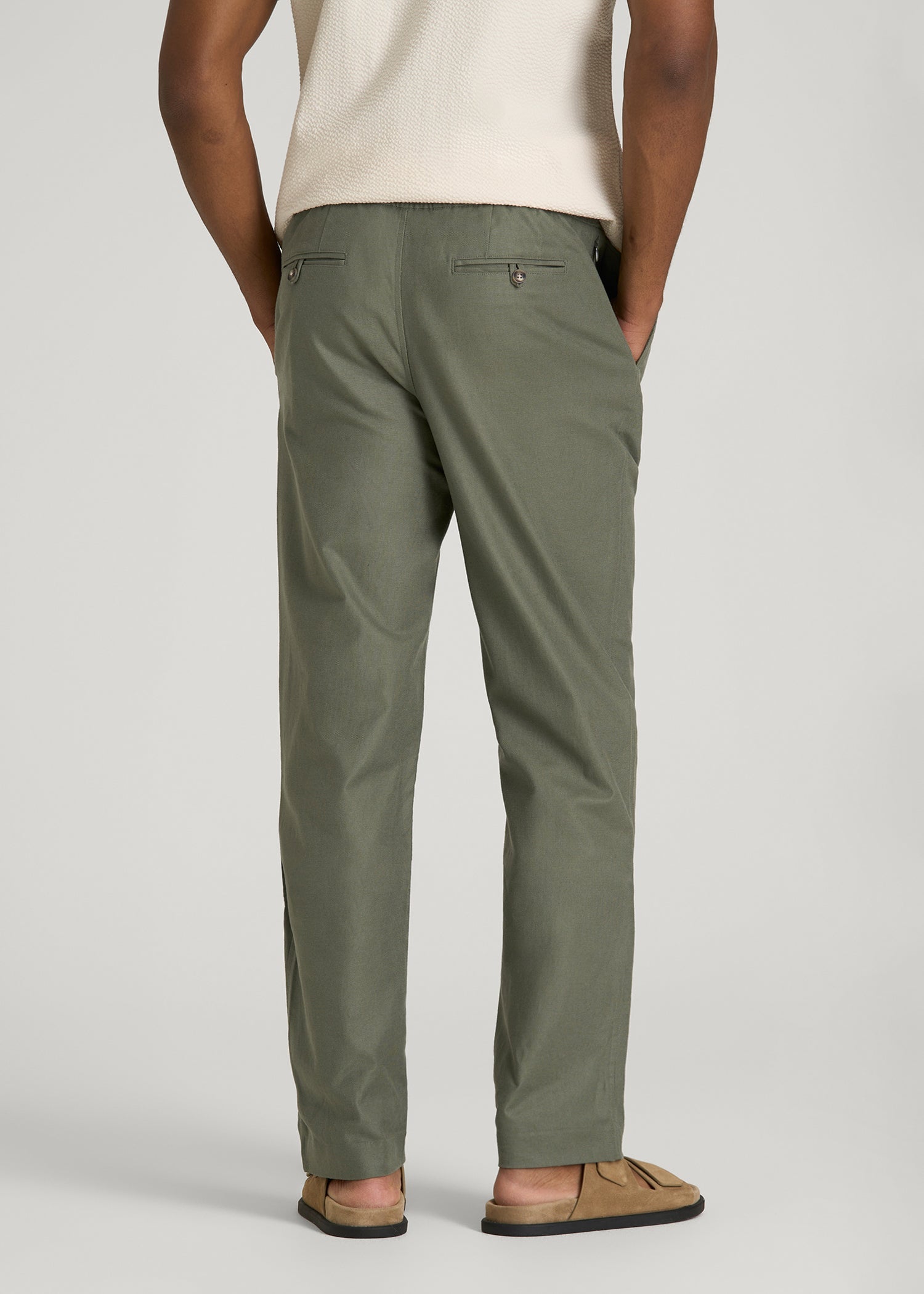 American Tall Men Stretch Cotton Linen Blend Pull-On Pants for Tall Men in Olive