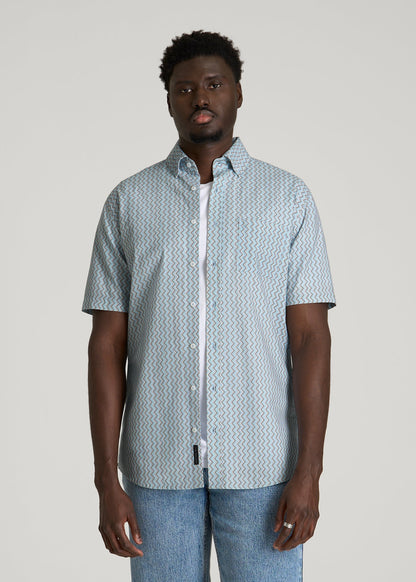American Tall Men Short Sleeve Shirt for Tall Men in Ice Blue Abstract Stripe
