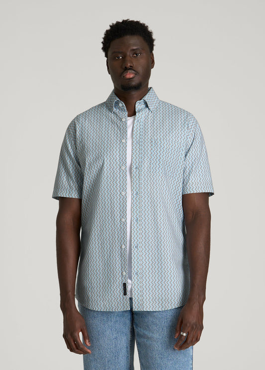American Tall Men Short Sleeve Shirt for Tall Men in Ice Blue Abstract Stripe