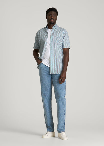 American Tall Men Short Sleeve Shirt for Tall Men in Ice Blue Abstract Stripe