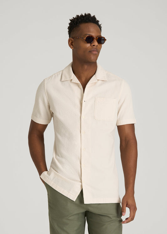 American Tall Men Seersucker Camp Collar Short Sleeve Shirt for Tall Men in White Sand