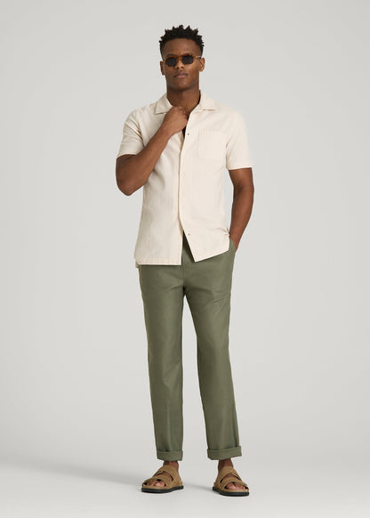 American Tall Men Seersucker Camp Collar Short Sleeve Shirt for Tall Men in White Sand