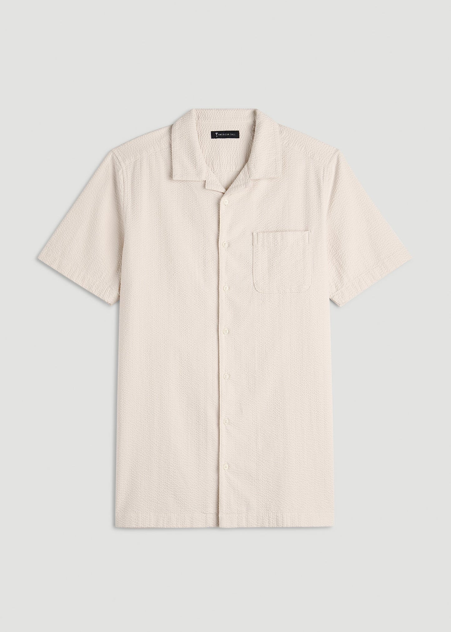 American Tall Men Seersucker Camp Collar Short Sleeve Shirt for Tall Men in White Sand