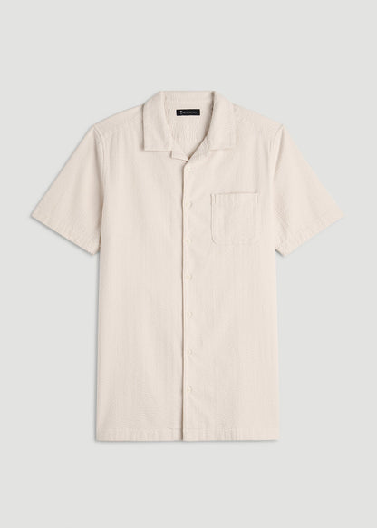 American Tall Men Seersucker Camp Collar Short Sleeve Shirt for Tall Men in White Sand