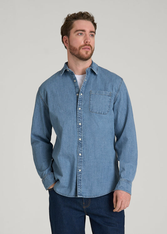American Tall Men Classic Stretch Denim Shirt for Tall Men in Perfect Blue