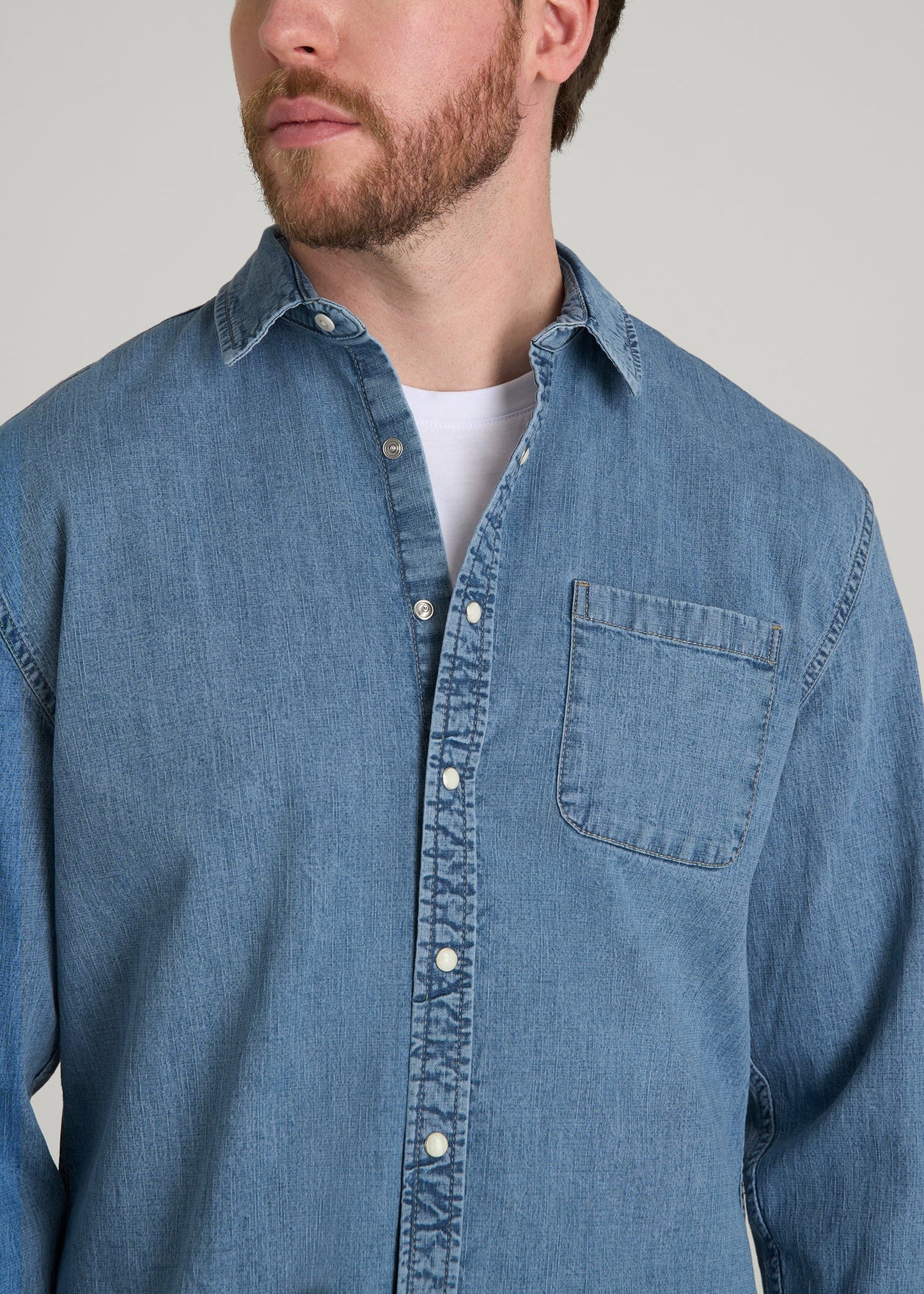 American Tall Men Classic Stretch Denim Shirt for Tall Men in Perfect Blue