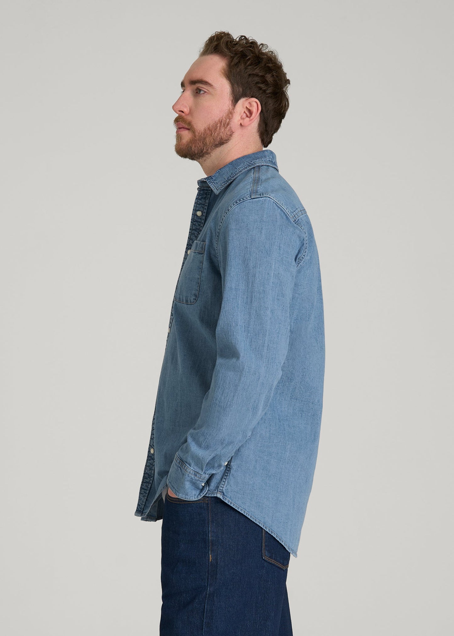 American Tall Men Classic Stretch Denim Shirt for Tall Men in Perfect Blue