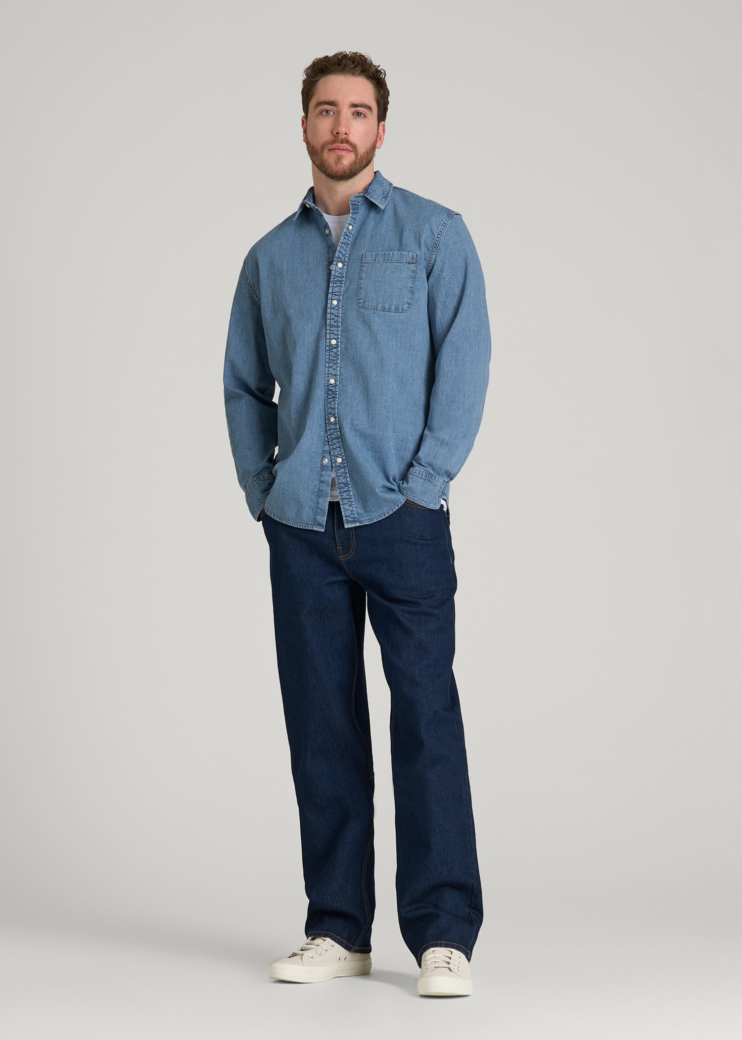 American Tall Men Classic Stretch Denim Shirt for Tall Men in Perfect Blue