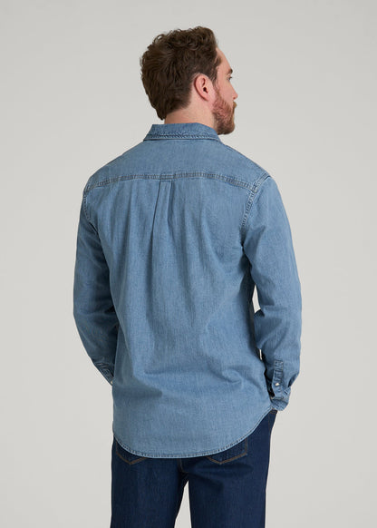 American Tall Men Classic Stretch Denim Shirt for Tall Men in Perfect Blue